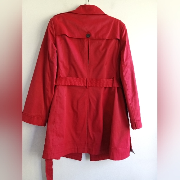 DKNY Women Red Button Down w/Belted Tie Rain/Trench Midi Coat size XL - Picture 5 of 12
